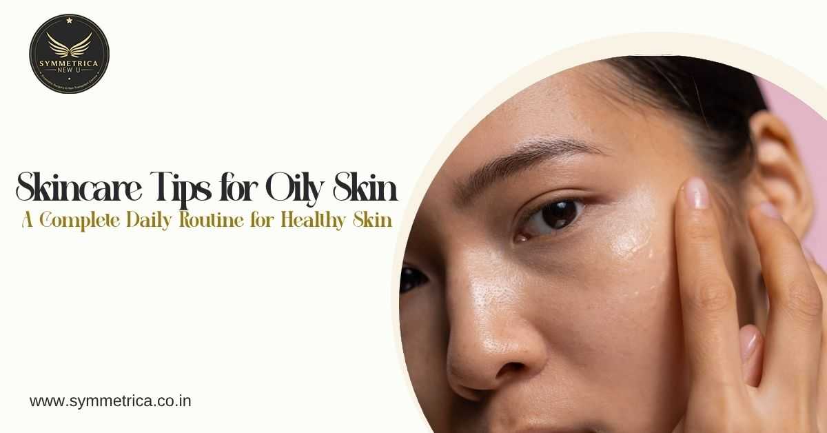 Skincare Tips for Oily Skin featuring a woman with shiny oily skin and a complete daily skincare routine by Symmetrica Skin Care Clinics in Siliguri